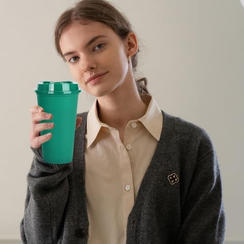 20 Pack Reusable Coffee Cups with Lids 16 oz Plastic Tumblers Travel Mug Iced Coffee Cup for Adults and Women Hot and Cold Drinks, Microwaveable(Greens)