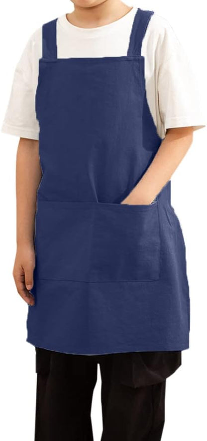 Kids Cotton Cross Back Aprons Children Chef Pure Child Apron with 2 Pockets for Baking Painting Cooking