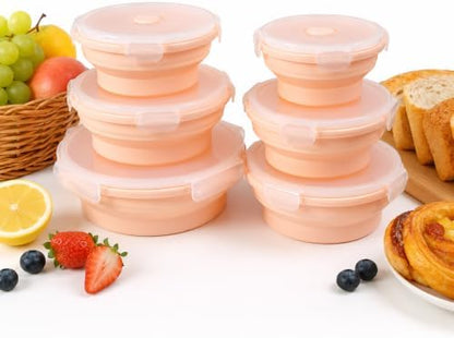 Plus 6PCS Foldable Silicone Food Storage Containers for Kitchen Storage for Leftovers Fruits and Meal Prep Dishwasher Safe Microwave Safe Ideal for Home and Travel (Pink, round)