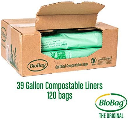 BioBag (USA) The Original Compostable Bag, 39 Gallon, 120 Count, 100% Certified Compostable Trash Bag Liners for Food Waste, Extra Strong and Durable, Trash Bag