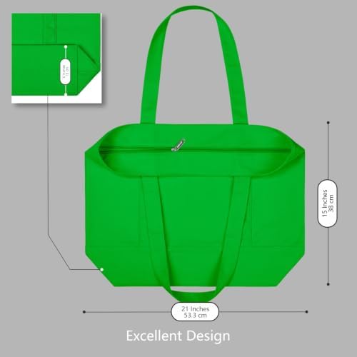 TOPDesign 1-Pack Canvas Tote Bag with an External Pocket, Reusable Grocery Shopping Bag, Top Zipper Closure, Daily Essentials (Lime Green)