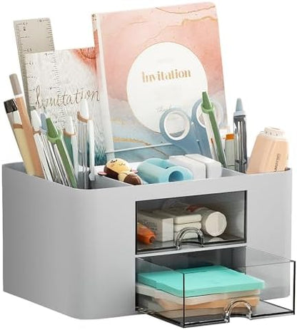 Marbrasse Pen Organizer with 2 Drawer, Multi-Functional Pencil Holder for Desk, Desk Organizers and Accessories with 5 Compartments + Drawer for Office Art Supplies (Grey)