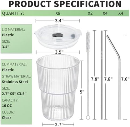 16 OZ Reusable Iced Coffee Cups with Lids and Straws, Unbreakable Plastic Drinking Glasses for Iced Tea, Juice, Water, BPA Free, Dishwasher Safe, Set of 8