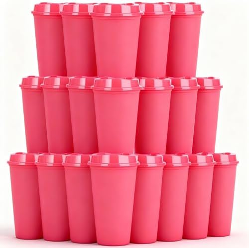 20 Pack Reusable Coffee Cups with Lids 16 oz Plastic Tumblers Travel Mug Iced Coffee Cup for Adults and Women Hot and Cold Drinks, Microwaveable (Rose)