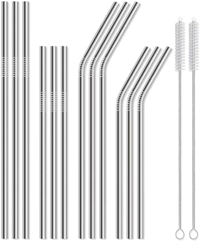 12 Pack of Reusable Stainless Steel Metal Straws, 3 Straight + 3 Bent 10.5 Inch and 3 Straight + 3 Bent 8.5 Inch Metal Straws with 2 Cleaning Brushes for 20 24 30 oz Tumbler Dishwasher Safef