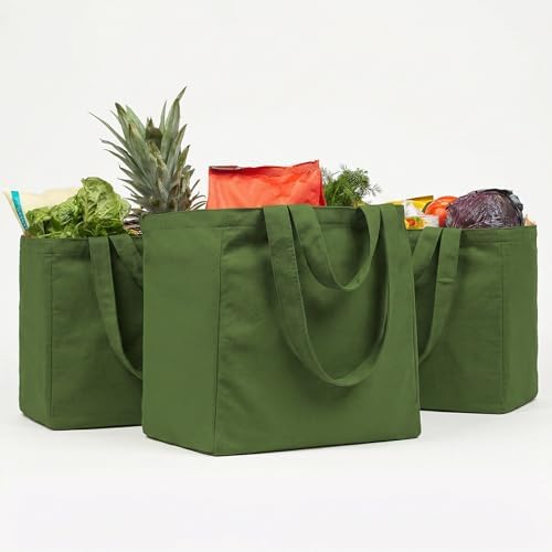 VeraMia Canvas Grocery Bag 3pc XL Set with Real Pockets, Long Shoulder Strap and Short Handle. Heavy Duty, Foldable, Washable