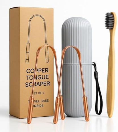 Tongue Scraper Set(2 Pack)–Pure Copper Cleaner Kit with Bamboo Toothbrush with Charcoal Bristles &Travel Case–Daily Oral Hygiene Tool for Men&Women,Reduce Bad Breath,Tongue Scrubber
