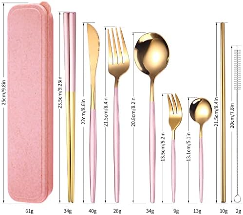 AARAINBOW 8 Pieces Stainless Steel Flatware Set Portable Reusable Cutlery Set Travel Utensils Set Including Chopsticks Knife Fork Spoon Straws Cleaning Brush Dishwasher Safe (Pink Golden)