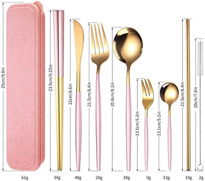 AARAINBOW 8 Pieces Stainless Steel Flatware Set Portable Reusable Cutlery Set Travel Utensils Set Including Chopsticks Knife Fork Spoon Straws Cleaning Brush Dishwasher Safe (Pink Golden)
