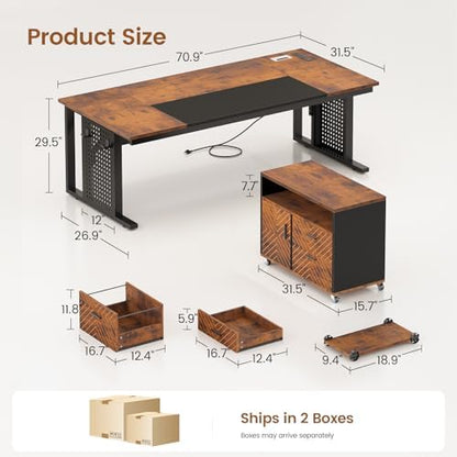 SEDETA 71" Executive Desk with Rolling File Cabinet, Large Office Desk with Drawers, L Shaped Computer Desk with Power Outlets, CPU Stand, Pegboard and Storage Shelves, Rustic Brown