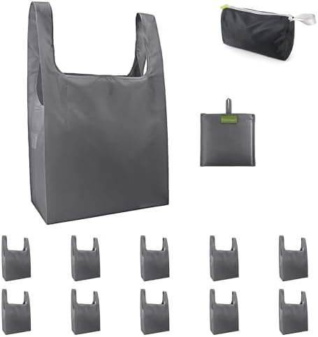 BeeGreen Grey Reusable Grocery Bags with Zipper Storage Pouch 10 Packs Gray Reusable Shopping Bags Bulk Foldable-Machine Washable