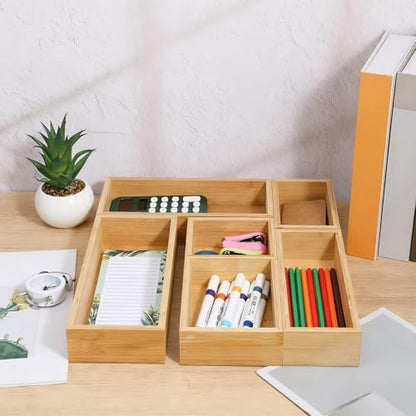 5-Piece Bamboo Drawer Organizer Storage Boxes Kitchen Multi-purpose Storage Dividers Drawer Organizer Set for Office Vanity Closet & Bathroom Kitchen Office Jewelry Cosmetics