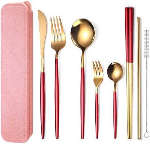 AARAINBOW 8 Pieces Stainless Steel Flatware Set Portable Reusable Cutlery Set Travel Utensils Set Including Chopsticks Knife Fork Spoon Straws Cleaning Brush Dishwasher Safe (Red Golden)