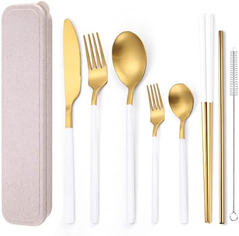 AARainbow 8 Pieces Stainless Steel Flatware Set Portable Reusable Cutlery Set Travel Utensils Set Including Chopsticks Knife Fork Spoon Straws Cleaning Brush Dishwasher Safe (B-White Golden)