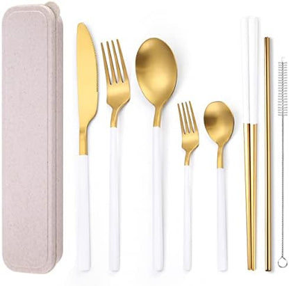 AARainbow 8 Pieces Stainless Steel Flatware Set Portable Reusable Cutlery Set Travel Utensils Set Including Chopsticks Knife Fork Spoon Straws Cleaning Brush Dishwasher Safe (B-White Golden)