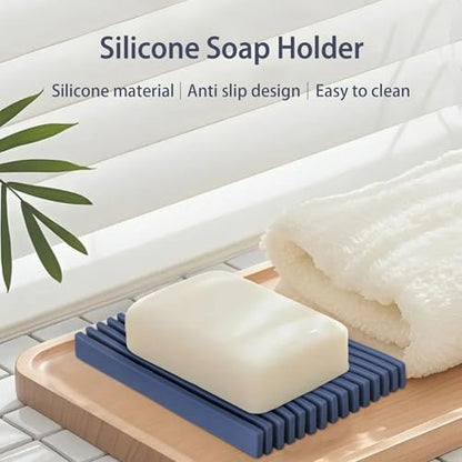 Aoheuo Modern Minimalist Soap Dish (2Pack),Drainage Silicone Soap Holder,5.5 Long by 3.15 Wide,0.55 inches high,Used for Kitchen, Bathroom,and Bar Sink(Blue,Blue)