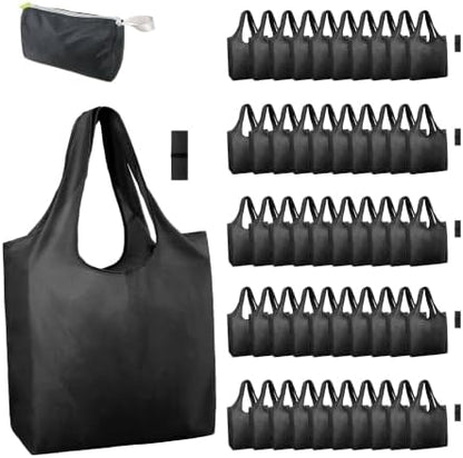 BeeGreen Black Reusable Grocery Bags Wholesale Dark Reusable Kitchen Bags Bulk Foldable-Machine Washable with Zipper Storage Pouch 50 Packs