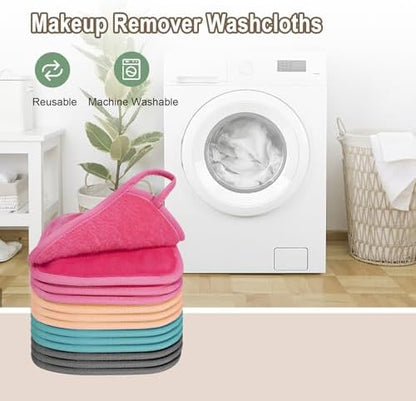 KODAMO Makeup Remover Cloth, 12 Pack Reusable Makeup Remover Towels with Washable Travel Bag, Microfiber Face Wash Cloths for Women All Skin Types, Coral/Pink/Green/Grey
