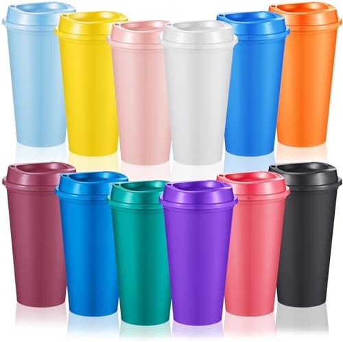 FillTouch 12 Pcs 16 oz Reusable Coffee Cups with Lids, Bright Colors