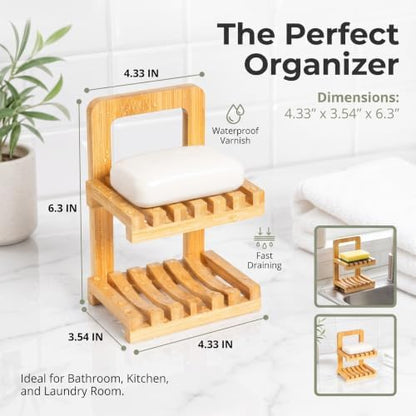 Bamboo Soap Dish for Shower, 2 Tier Shampoo Bar Soap Holder