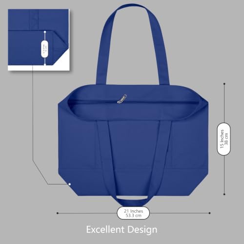 TOPDesign 3-Pack Canvas Tote Bags with an External Pocket, Reusable Grocery Shopping Bags, Top Zipper Closure, Daily Essentials (Blue)