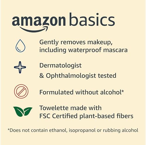 Amazon Basics Makeup Remover Wipes, Gentle Cleansing, Dermatologist Tested, pH-Balanced, Plant Based, Alcohol-Free, Removes Waterproof Mascara, 25 Count, 2-Pack