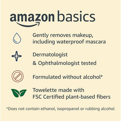 Amazon Basics Makeup Remover Wipes, Gentle Cleansing, Dermatologist Tested, pH-Balanced, Plant Based, Alcohol-Free, Removes Waterproof Mascara, 25 Count, 2-Pack