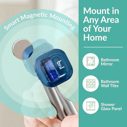 Bril UV-C Toothbrush Sanitizer and Holder – Wall Mounted, Rechargeable, 30-Day Battery, Magnetic Mount, Fits Electric and Manual Brushes, Portable Travel Case, Auto-Shutoff – Navy