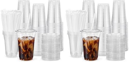 VITEVER [100 Sets - 24oz Plastic Cups with Lids and Straws, Disposable Cups for Iced Coffee, Smoothie, Milkshake, Cold Drinks - Clear (Pack of 2)