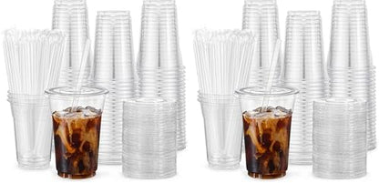 VITEVER [100 Sets - 24oz Plastic Cups with Lids and Straws, Disposable Cups for Iced Coffee, Smoothie, Milkshake, Cold Drinks - Clear (Pack of 2)