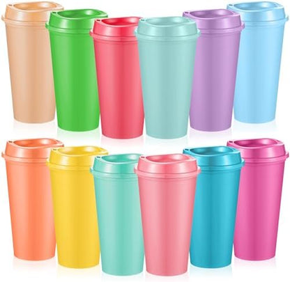 FillTouch 12 Pcs 16 oz Reusable Coffee Cups with Lids, Soft Tones