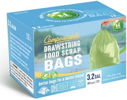 UNNI Compostable Drawstring Bags, 2.6-3.2 Gallon, 60 Count