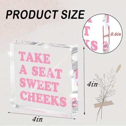 Take a Seat Sweet Cheeks Pink Acrylic Wall Decal, 4x4 Inch Fun Bathroom Decor, Quirky Desk Sign, Retro Humor Print for Girls Bedroom, Dorm and Gag Gift