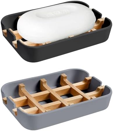 Aoheuo Modern Bamboo Fiber soap Holder and soap Dish Combination (Removable),5.12 Long by 3 Wide, 0.98 inches high, Used in Kitchens, bathrooms, and bar Sinks (Black,Gray)