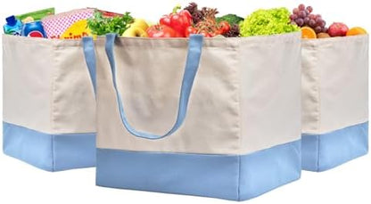 Reusable Grocery Bags Heavy Duty, 8.3 gal Foldable Large Canvas Tote Bag with Handles, Holds 60 lbs Canvas Shopping Bags, 3 Pack（Off White+Light Blue）