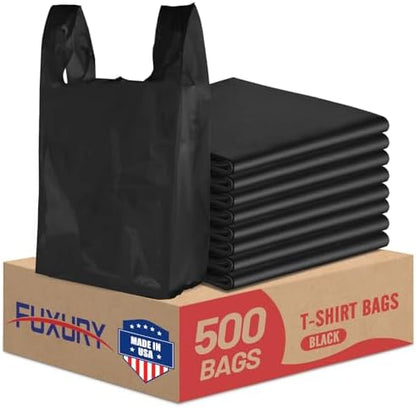Fuxury 500 Count Plastic Grocery Shopping T-shirt Bags Black with Handles