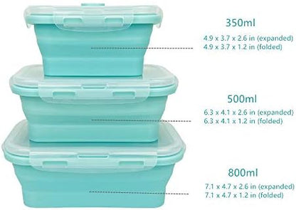 CARTINTS Silicone Collapsible Food Storage Containers-Prep/Storage Bowls with Lids - Set of 3 Square Silicone Lunch Containers - Microwave, Dishwasher and Freezer Safe (blue)