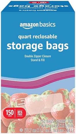Amazon Basics Reclosable Quart Food Storage Bags with Double Zipper Seal, BPA Free, Quart (150 Count) (Pack of 6)