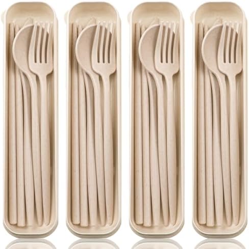 ELANE 4 Sets Reusable Travel Utensils Set with Case,Camping Cutlery Set Reusable Cutlery Set with Case,Utensil Sets for Lunch Picnic Daily Use Outdoor (beige)