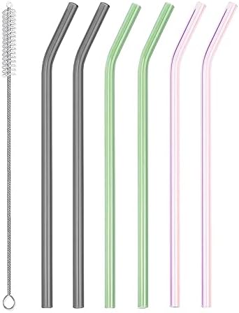 Reusable Glass Straws - 9" L x 8 mm W - Smoothie Drinking Straws for Smoothie, Milkshakes, Pack of 6 with 1 Cleaning Brush (mix4)