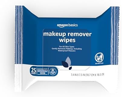 Amazon Basics Makeup Remover Wipes, Gentle Facial Cleansing, Dermatologist Tested, Original, Plant-Based, Alcohol-Free, Removes Waterproof Mascara, 25 Count, 1-Pack