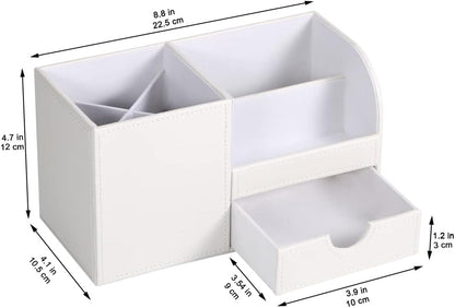 KINGFOM Desk Organizer Office Supplies Caddy Pu Leather Multi-function Storage Box Pen/Pencil,Cell phone, Business Name Cards Remote Control Holder with Small Drawer White