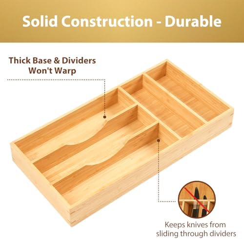 Umilife Bamboo Kitchen Drawer Organizer, 8 Inch Silverware Utensils Tray Holder for Small Drawer, Wood Caddy for Flatware Cutlery Knives
