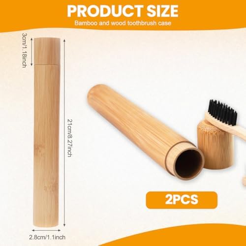 VASANA 2PCS Bamboo Toothbrush Case Portable Toothbrush Container Reusable Toothbrush Holder Personal Cleaning Tools Storage for Daily Use Traveling Camping(21CM)