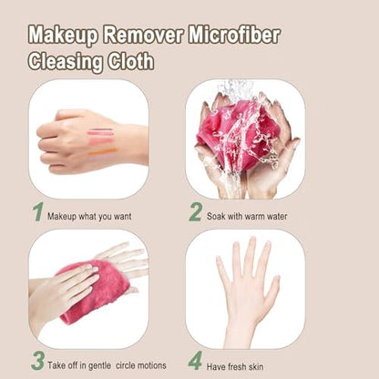 KODAMO Makeup Remover Cloth, 12 Pack Reusable Makeup Remover Towels with Washable Travel Bag, Microfiber Face Wash Cloths for Women All Skin Types, Coral/Pink/Green/Grey
