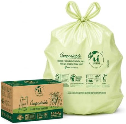 UNNI 1.6 Gallon Compostable Bags with Easy-Tie Handles, 6 Liter, 50 Count
