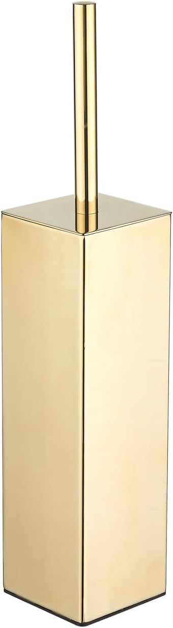 Gold Square Stainless Steel Toilet Brush with Holder, 304 Modern Toilet Brush Set – Rust Resistant, Long Handle, Replacement Heads, Floor Standing Bathroom Toilet Cleaning Brush
