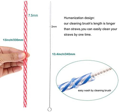 Dakoufish 12 Piece 13 Inch Reusable Plastic Thick Drinking Straws BPA Free Mason Jar Straws Transparent Small Stripe (13inch, Mix 12color)