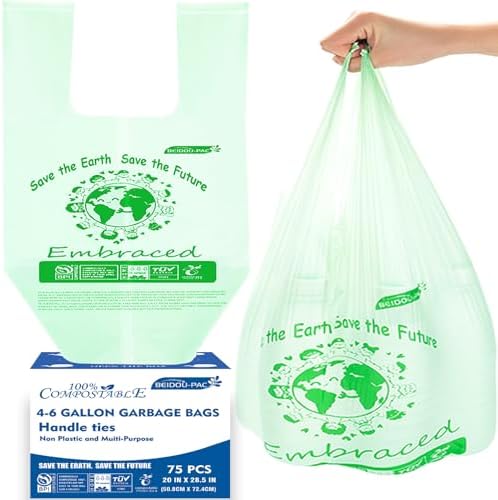 BEIDOU-PAC 4-6 Gallon Compostable Trash Bags, 75 Count, Kitchen Compost Bags With Handle, Sturdy Garbage Bags for Food Scrap Waste, ASTM D6400, US BPI Certified