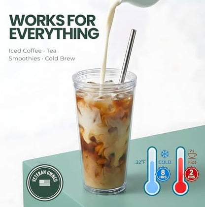 Reusable Iced Coffee Cup with Lid and Straw, 16 oz/Grande, BPA-Free Double-Wall Insulated Plastic Tumbler for Cold Drinks, Includes Clear Plastic Straw, Stainless Steel Straw and Cleaning Brush, Black